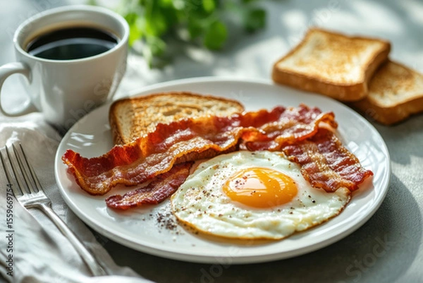 Fototapeta Homemade American breakfast. Fried eggs with bacon and toast, a cup of coffee and a fork on a white table. Healthy breakfast. The concept of healthy eating. Morning Sunlight