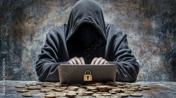 Fototapeta Hooded figure using laptop amidst gold coins, symbolizing cybercrime and data theft.