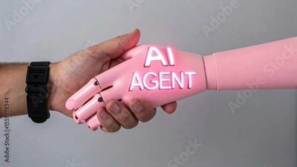 Fototapeta Human and ai agent shaking hands symbolizing partnership and collaboration