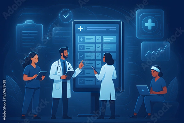 Fototapeta Doctors collaborate over digital patient data on a smart medical screen