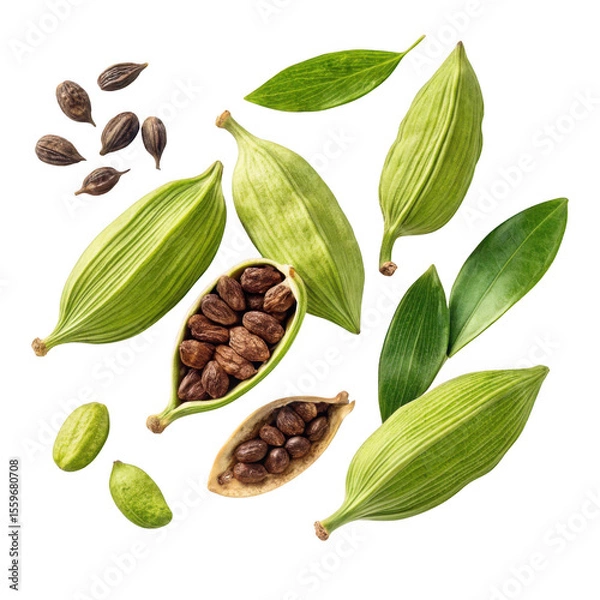 Fototapeta Green cardamom pods seeds and leaves isolated on transparent background
