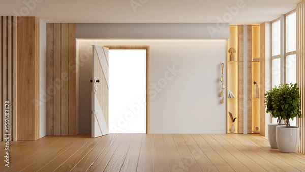 Obraz Modern wooden interior featuring a white open transparent, a potted plant, and minimal natural decorations on wooden shelves- 3D rendering