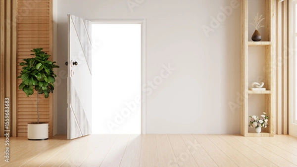 Obraz Modern wooden interior featuring a white open transparent, a potted plant, and minimal natural decorations on wooden shelves- 3D rendering