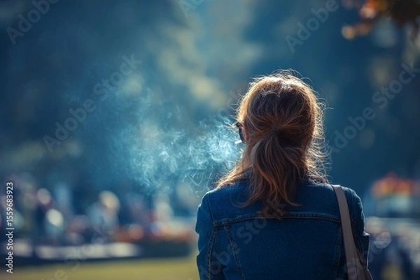 Obraz a woman smoking a cigarette in a park , Generative AI
