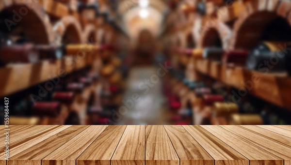 Obraz Dark wooden worktop or tabletop with blurred background of a rustic wine cellar full of barrels and bottles. Perfect for wine branding mockups.