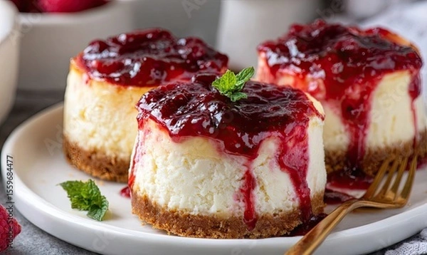 Fototapeta Three mini cheesecakes topped with raspberry sauce