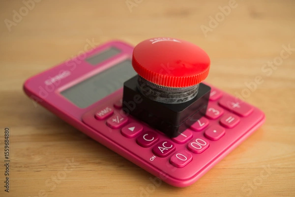 Fototapeta Closeup red emergency button on calculator background. Financial crisis, bankrupt, loss, refinancing, debt restructuring, stop payment, risk management and so on concept.