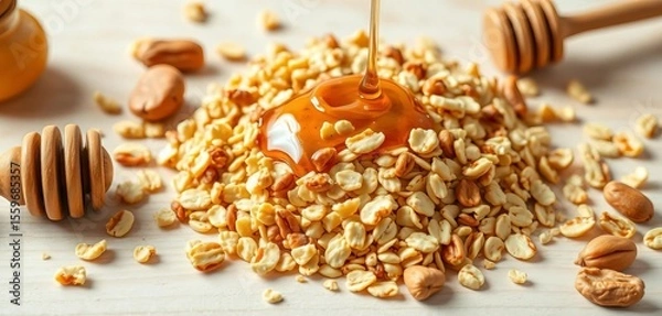 Fototapeta Golden oats, chopped nuts, honey drizzle on a light wood background ,  cereal,  morning