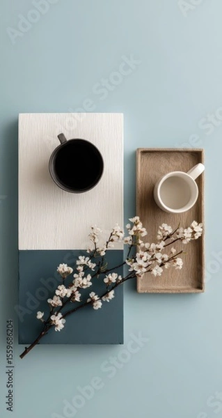 Fototapeta Two trays, one dark and one light, hold mugs and a blossoming branch on a pale blue background; minimalist, serene aesthetic