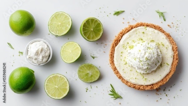 Fototapeta Overhead shot of key lime pie with whipped cream, surrounded by whole and halved limes, lime zest, and a small bowl of cream