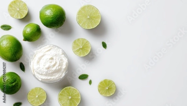 Fototapeta Overhead shot of a glass bowl of white cream surrounded by whole and halved limes and small green leaves on a white background