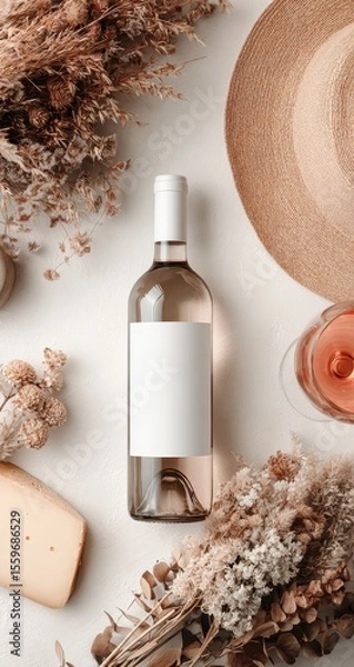 Fototapeta Overhead view of a ros? wine bottle with blank label, surrounded by dried flowers, a straw hat, and a glass of ros?