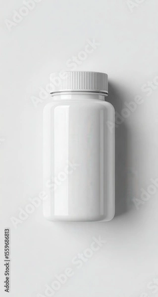 Fototapeta A clean, overhead shot of a blank white plastic pill bottle with a white lid, against a bright white background, casting a subtle shadow