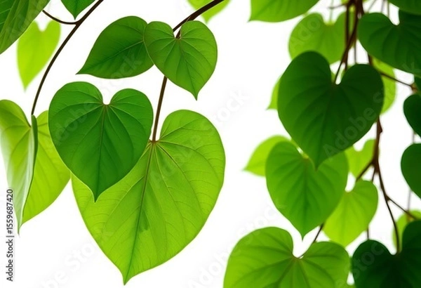 Fototapeta Heart-shaped green leaves of a hanging liana vine, isolated on white Clipping path included,   image,   vine plant