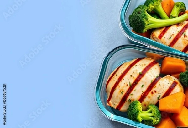 Fototapeta Grilled chicken, sweet potato, & broccoli in glass meal prep containers,   lunch,   balanced meal