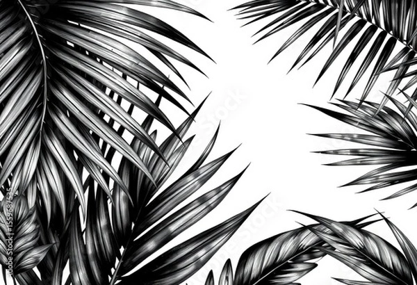 Fototapeta Hand-drawn black & white tropical palm leaves; realistic botanical vector illustrations , graphics, monochrome