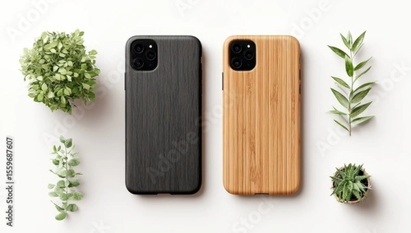 Fototapeta Two phone cases, one dark wood-grain, one light bamboo, displayed on a white background with small potted plants