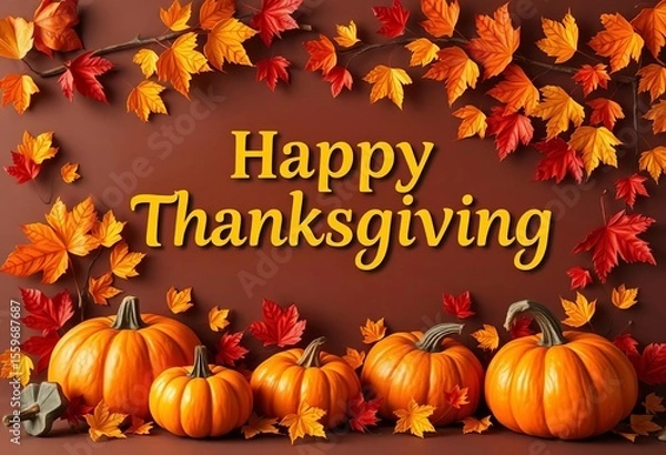 Fototapeta Happy Thanksgiving banner with autumn leaves, pumpkins, and festive design,  friends,  cornucopia