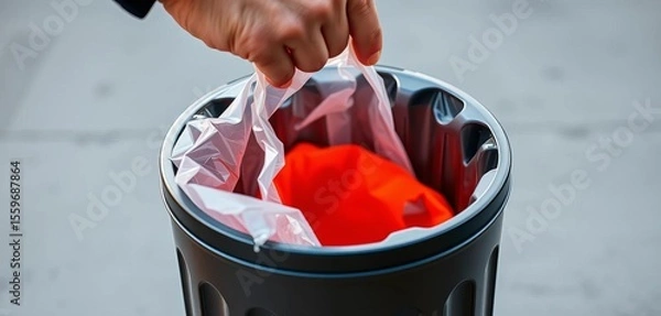 Fototapeta Hand opening trash can lid, plastic bag inside,  throw,  texture