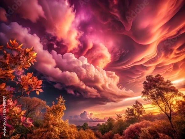 Fototapeta Dramatic Sky with Colorful Clouds over Autumn Landscape