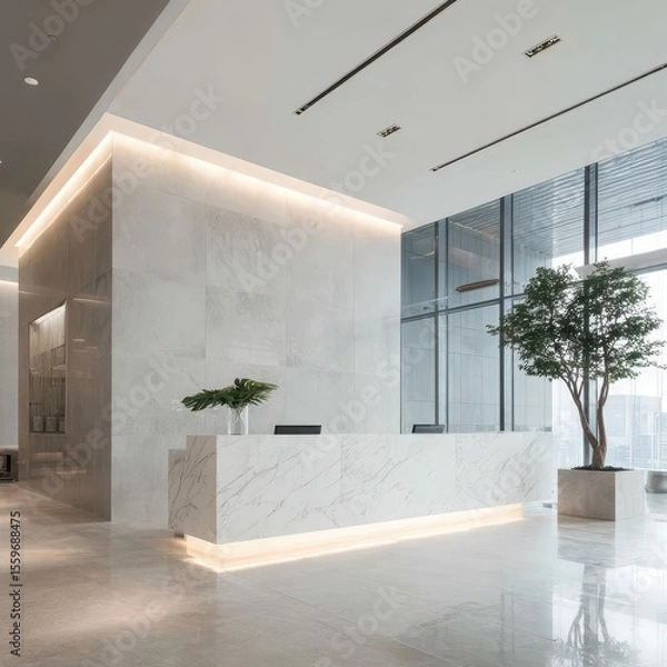 Fototapeta Modern minimalist lobby with marble reception desk, recessed lighting, large windows, and potted plant