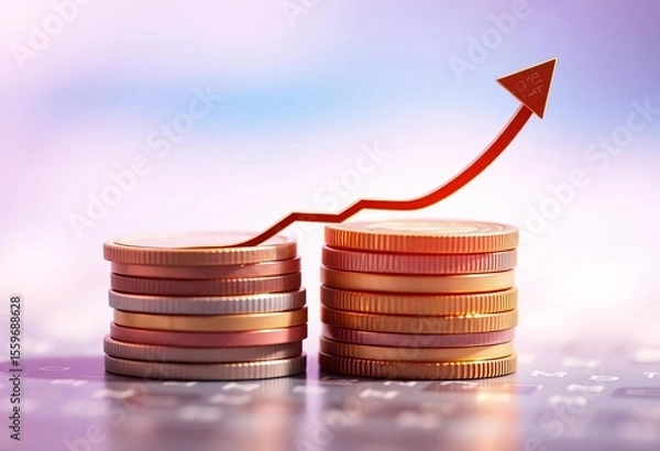 Fototapeta Growing coin stack with upward arrow, business growth concept,  return,  vector