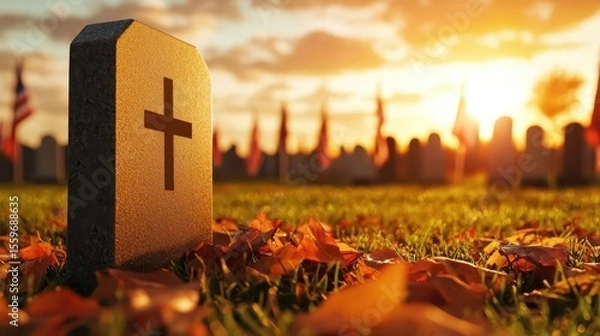 Fototapeta Field of small flags in a cemetery, symbolizing remembrance on Veterans Day