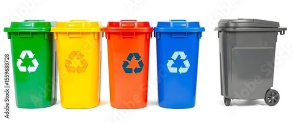 Fototapeta Four color-coded recycling bins (green, red, yellow, blue) and a gray trash dumpster isolated on white , graphic, environmental protection