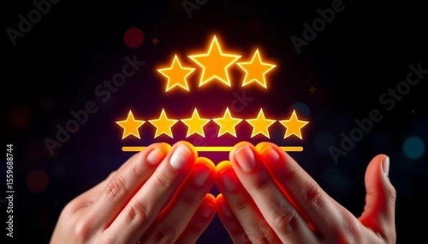 Fototapeta Hands gently hold glowing stars above a stylized rating system,  service,  business