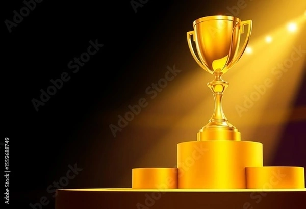 Fototapeta Golden trophy cup on championship podium Vector illustration,   number one,  event