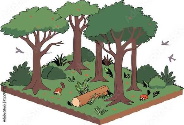 Fototapeta Jungle Animals in Habitat Illustration Set with Forest Background and Wild Creatures. Wildlife and Jungle Animals Living in Natural Habitat for Education and Design Use. Hand Drawn Jungle Animals