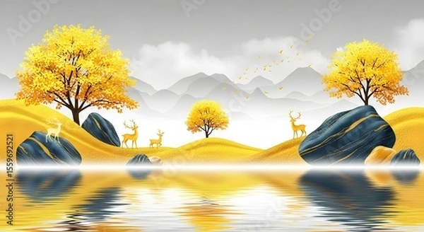 Obraz Golden landscape deer trees reflection mountains serene nature yellow autumn artwork scene