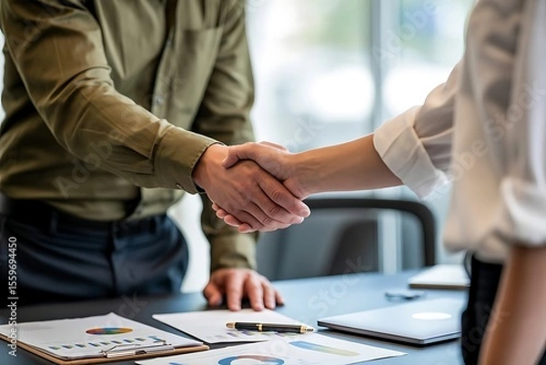 Fototapeta Two business professionals shaking hands over a table with financial reports and a laptop symbolizing a successful deal or partnership agreement
