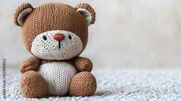 Obraz Adorable Knitted Brown Teddy Bear Toy Sitting on Soft Blanket Nursery Decor