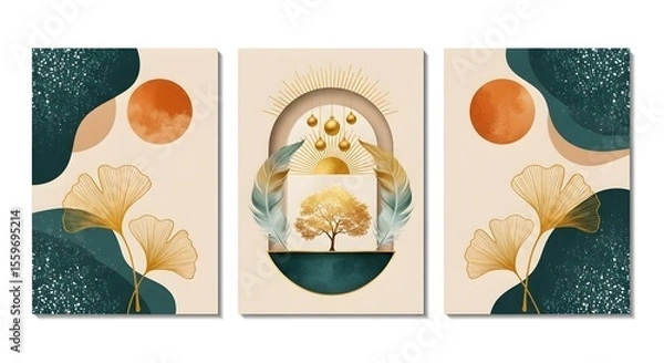 Obraz Modern abstract art deco design with ginkgo leaves sun tree and feathers minimalist wall art