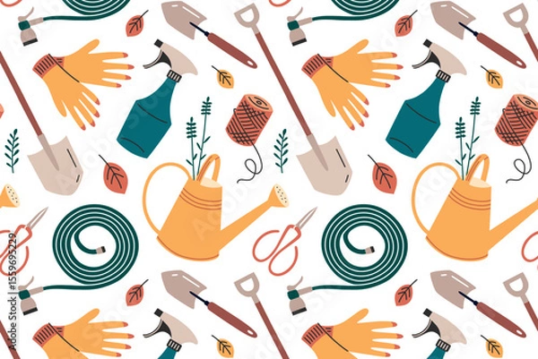 Fototapeta Flat cartoon vector illustration pattern with gardening tools and accessories. Seamless design for planting, farming, backyard work, outdoor activity, garden care products, watering can and shovel