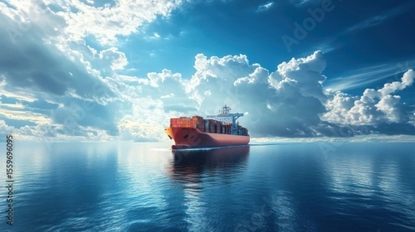 Obraz Cargo Container Ship at Sea Under Dramatic Sky, Logistics and Global Trade