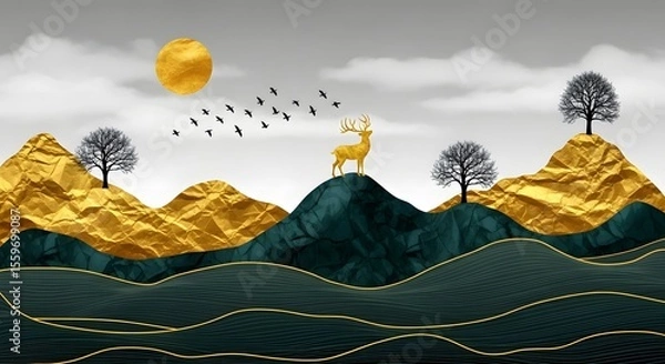 Obraz Golden deer landscape art, mountain range, abstract nature, forest trees, birds flying, modern art