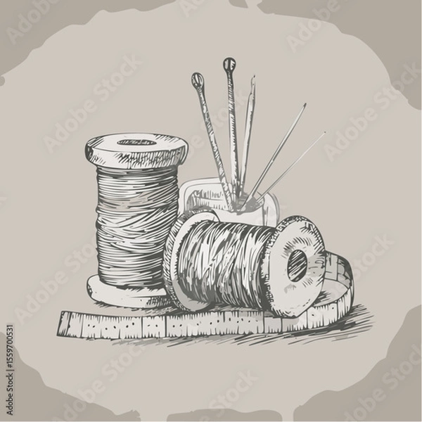 Fototapeta Vintage-style hand-sketched vector of sewing gear like thread, needle, tape, and thimble drawn in quick, casual lines on craft paper background.
