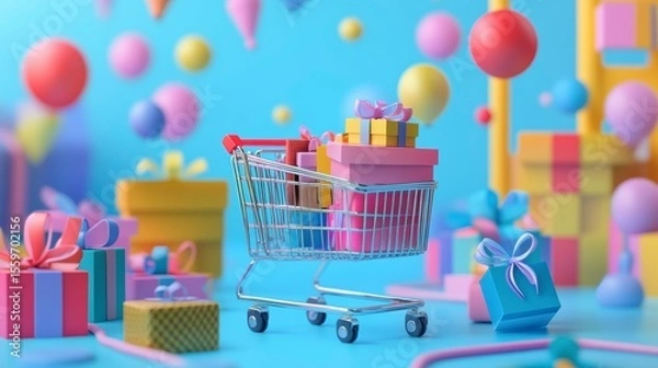 Fototapeta A miniature shopping cart overflowing with colorful gifts surrounded by balloons and presents on a vibrant blue background.