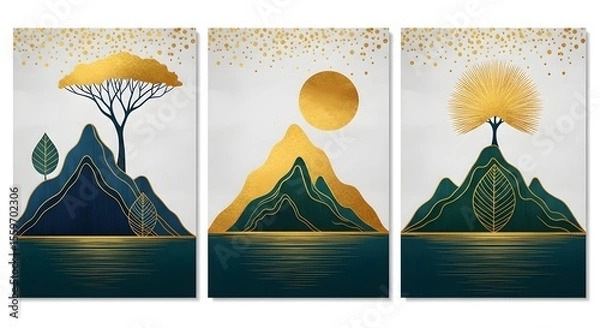 Obraz Abstract landscape painting with golden sun trees and mountains modern art wall decor design