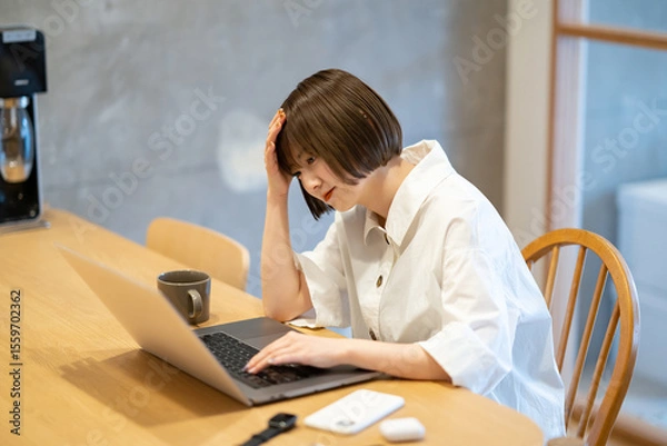 Obraz ノートPCを見ながら頭を抱える女性