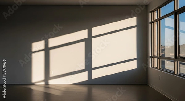 Obraz Sunlight casting long window shadows in an empty minimalist room.