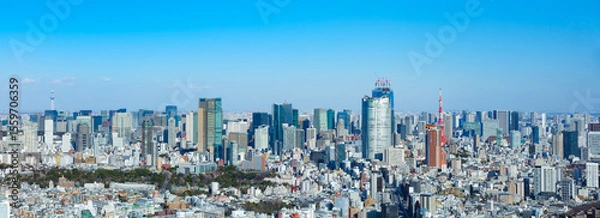 Obraz 青空の東京都心（東京タワー・東京スカイツリー）