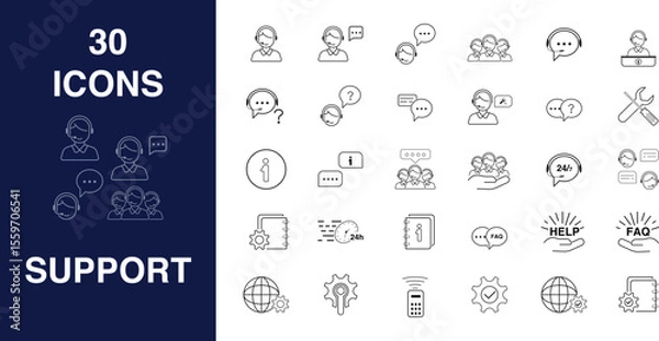 Fototapeta 30 Essential Support Icons: Versatile Design Elements,  icons are simple, black line suitable for various applications, each representing a distinct support-related concept.