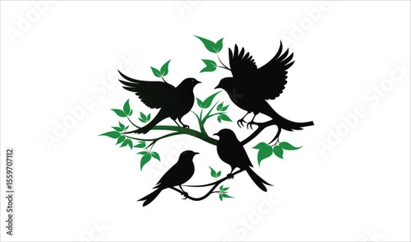 Fototapeta Silhouette birds on branch with green leaves