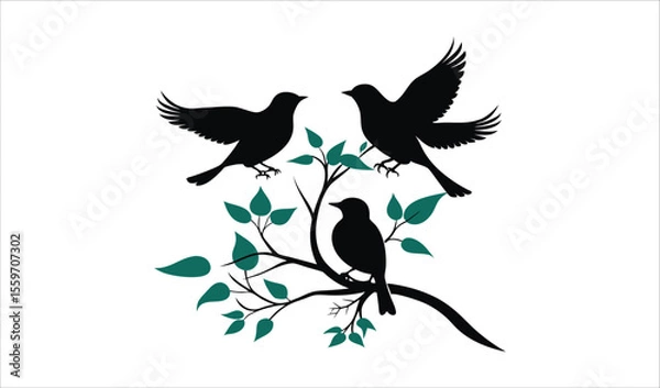 Fototapeta Three birds on branch silhouette with teal leaves