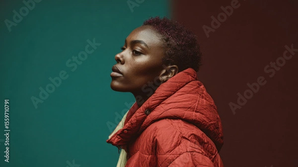 Fototapeta Black female athlete in red jacket looks ahead with purpose. Studio color-split backdrop, fashion-forward