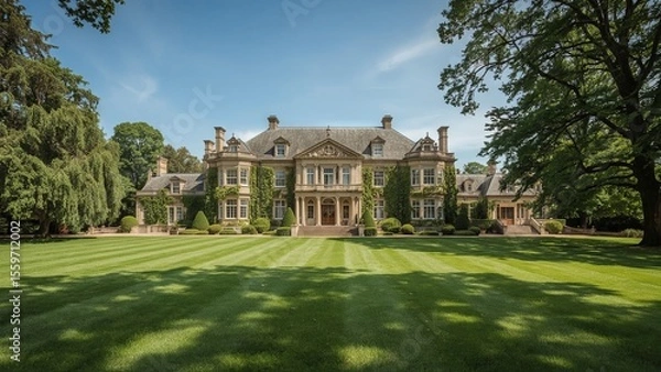 Fototapeta A luxurious white house with elegant architectural details, surrounded by a lush green lawn in front of the house, creates the perfect combination of sophistication, comfort and natural beauty	