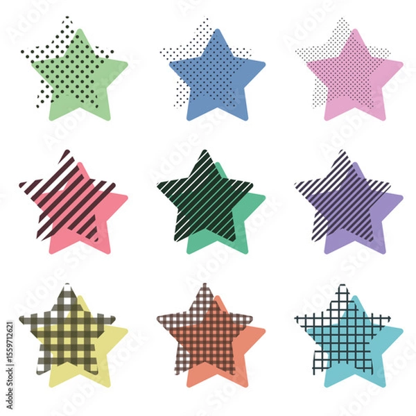 Obraz カラフルでかわいいメンフィスデザインの重なる星素材集